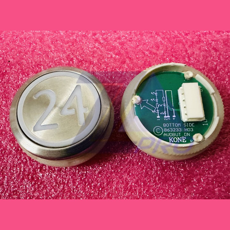 Кнопка приказа "24" круглая, серебристая поверхность, AVDBUT, красная подсветка, KM863050G005H024 Kone